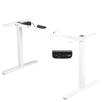 Heavy-duty sit or stand desk frame with adjustable height using touch screen control panel.