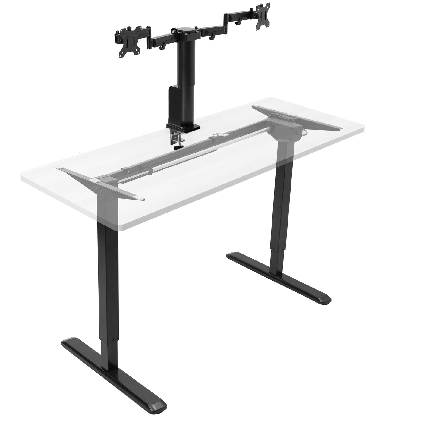 Height adjustable electric desk frame and dual monitor arm.