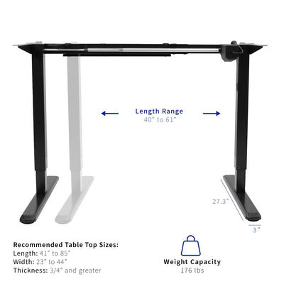 Width adjustable electric desk frame and dual monitor arm.