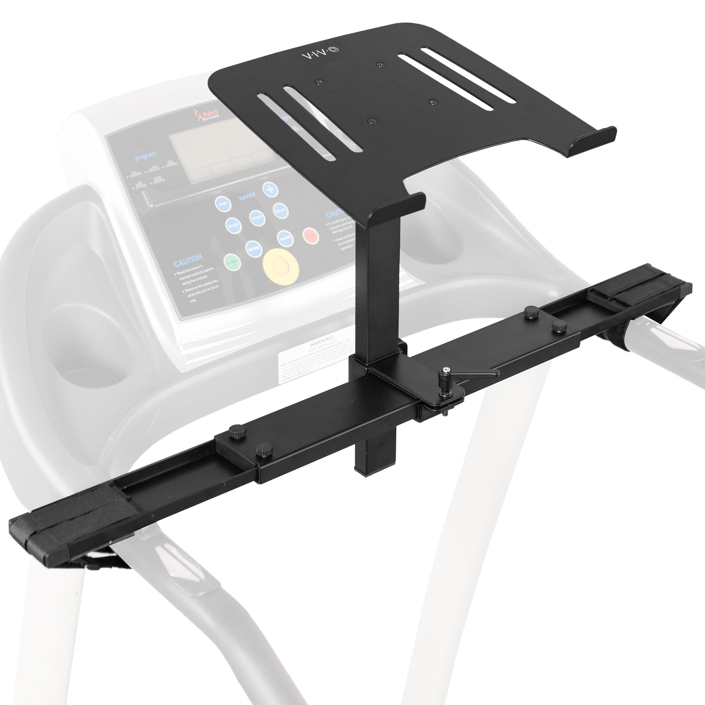 Sturdy height adjustable laptop tray attachment for stable treadmill workstation.