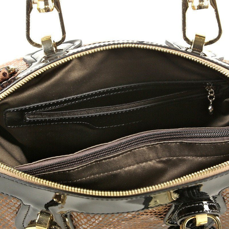 Brown Black Leopard Print Patent Leather Bag - Schandra