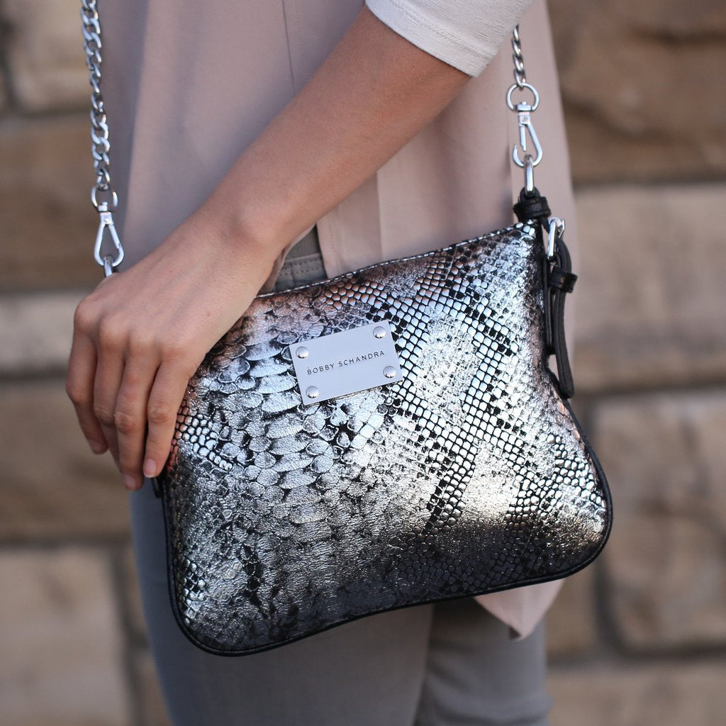 Silver and Black Python Print Leather Crossbody messenger bag - Schandra