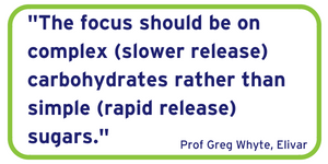 The focus should be on complex (slower release) carbohydrates rather than simple (rapid release) sugars.