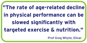 The rate of age-related decline in physical performance can be slowed significantly with targeted exercise & nutrition.
