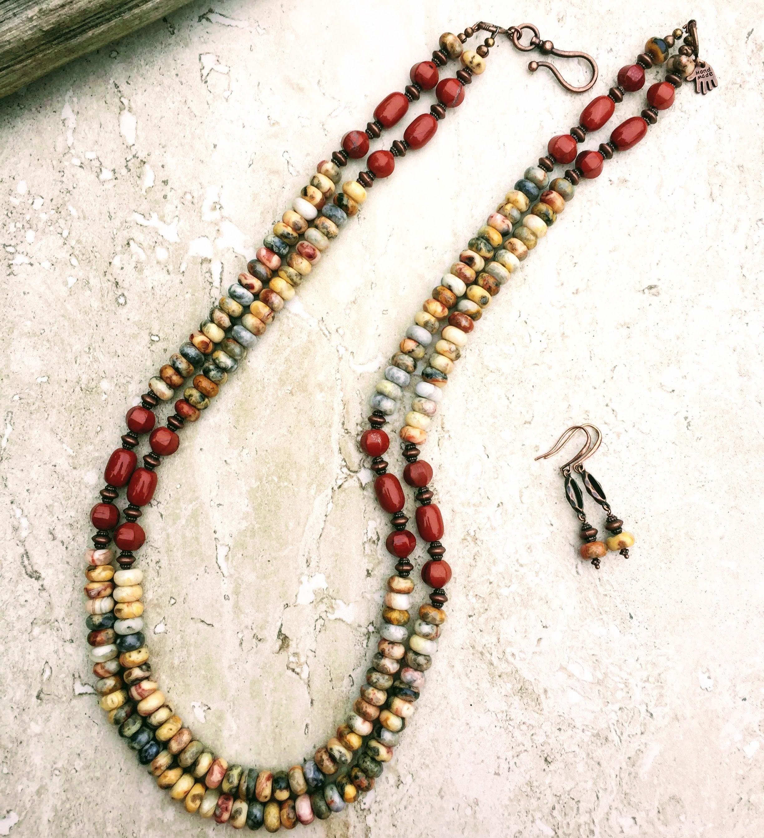 Multistrand Long Agate Jasper Rustic Copper Statement Necklace Set