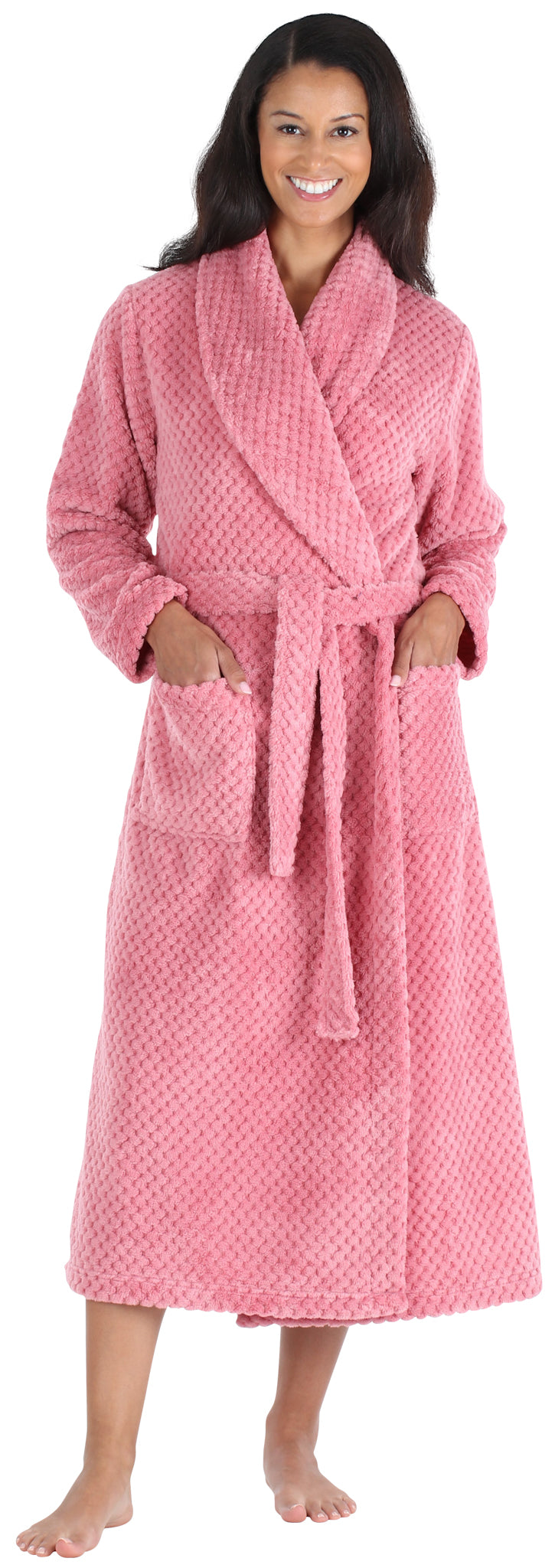 Women’s Plush Fleece Robe Jacquard Long Sleeve Bathrobe