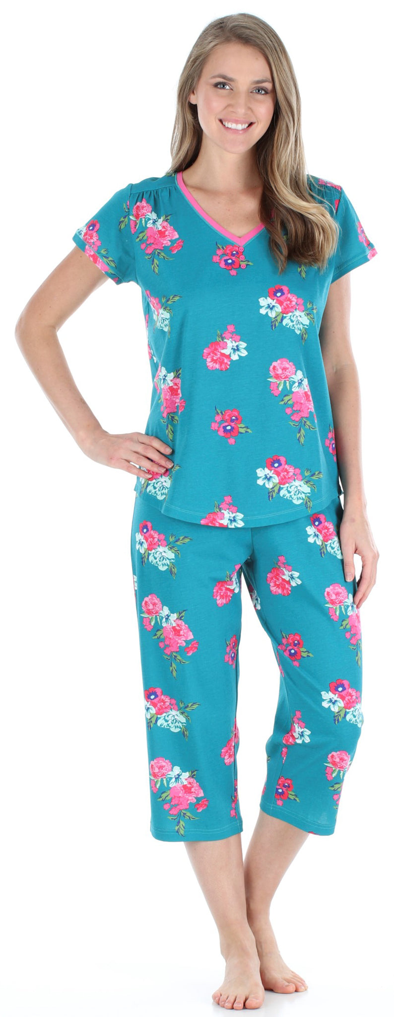 Women's Cotton Short Sleeve V-Neck Top and Capri Pajama Set