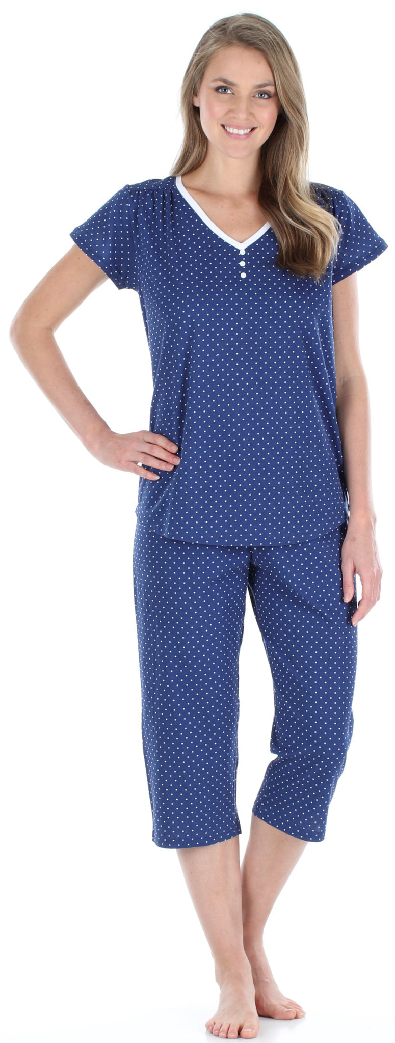 Women's Cotton Short Sleeve V-Neck Top and Capri Pajama Set