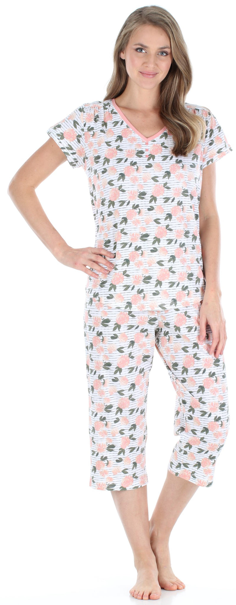 Women's Cotton Short Sleeve V-Neck Top and Capri Pajama Set