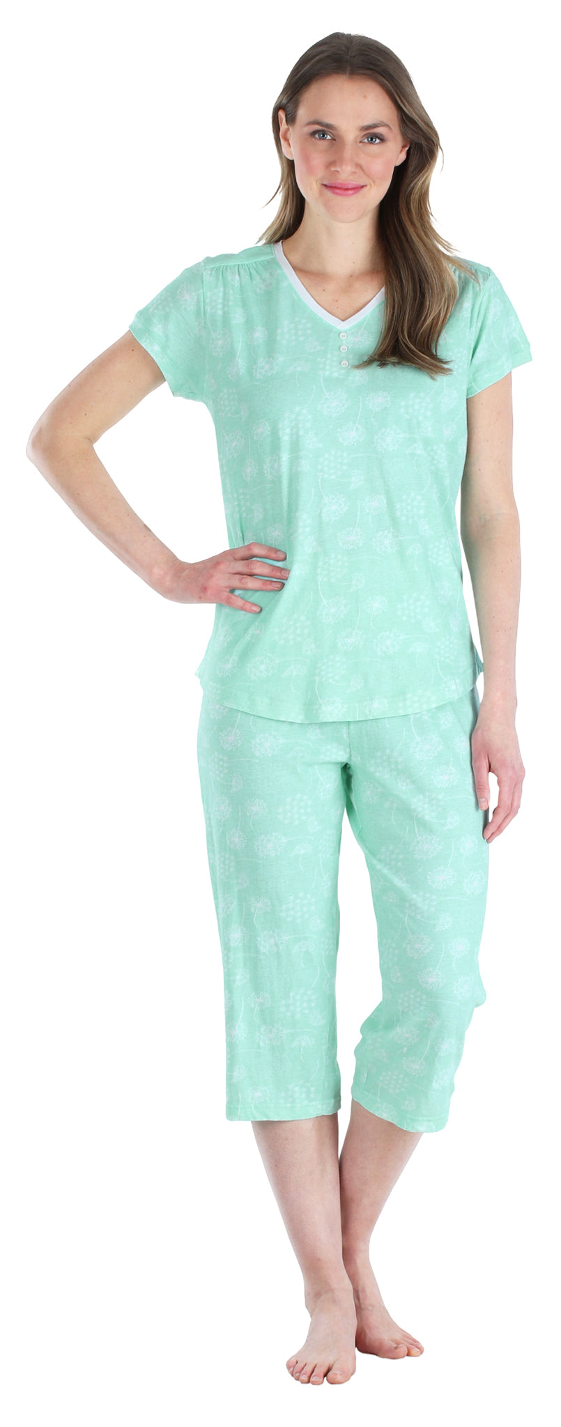 Women&#039;s Cotton Short Sleeve V-Neck Top and Capri Pajama Set