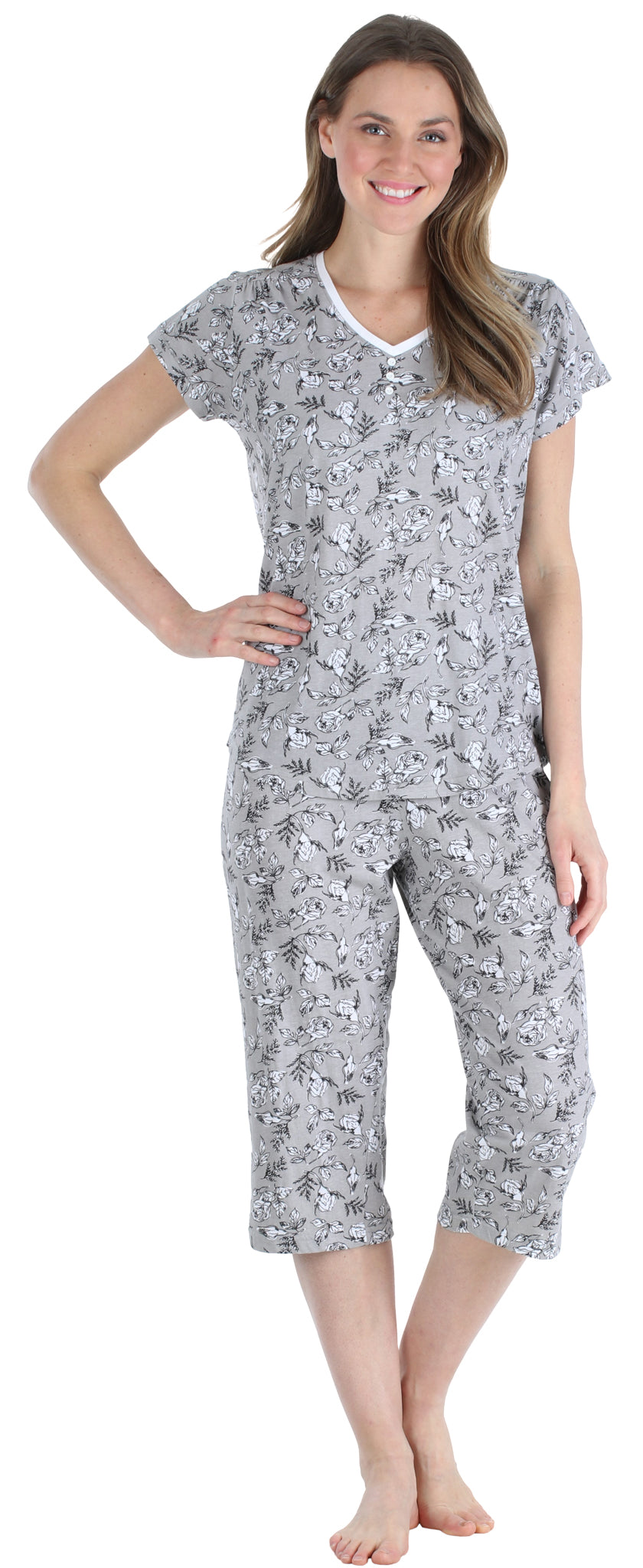 Women&#039;s Cotton Short Sleeve V-Neck Top and Capri Pajama Set