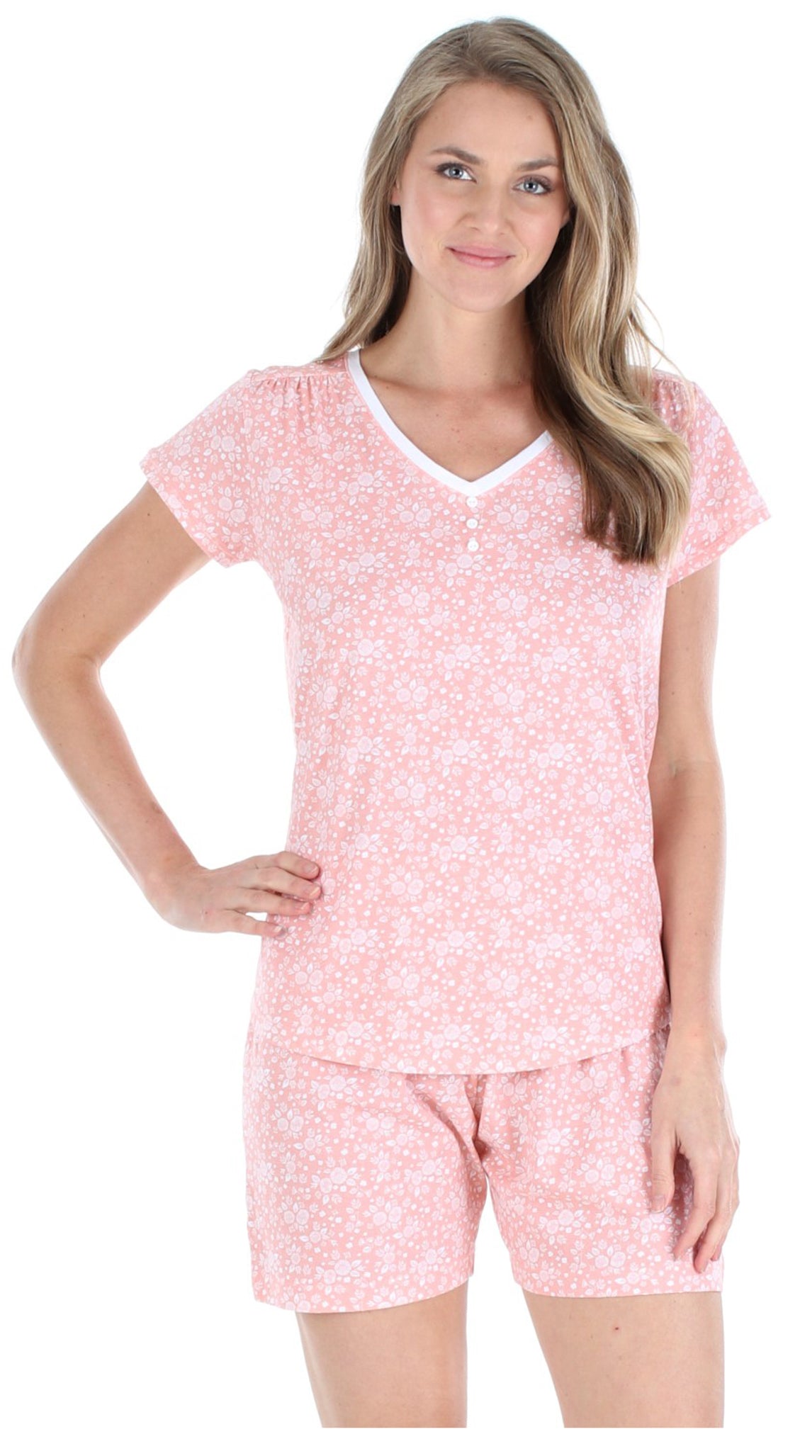 Women&#039;s Cotton Short Sleeve V-Neck Top and Shorts Pajama Set