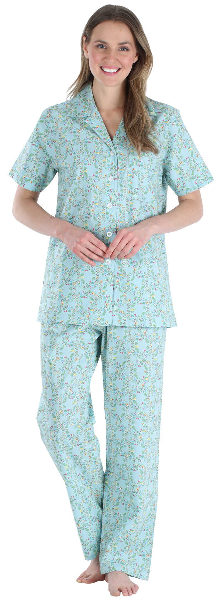 Women&#039;s Poplin Cotton Short Sleeve Button Up Top and Pants Pajama Set
