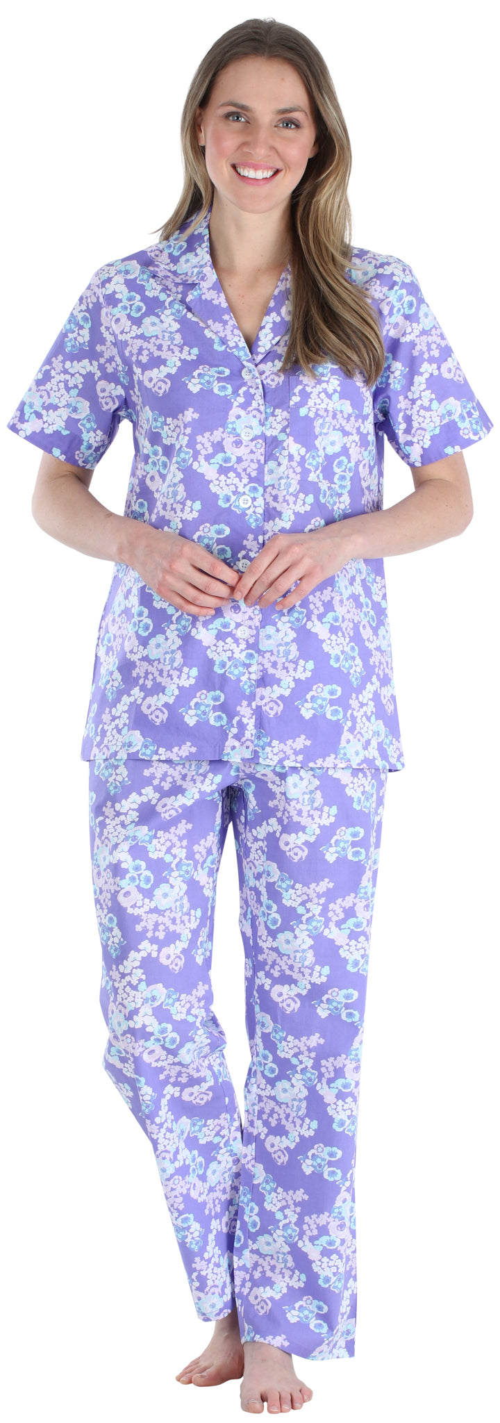 Women's Poplin Cotton Short Sleeve Button Up Top and Pants Pajama Set