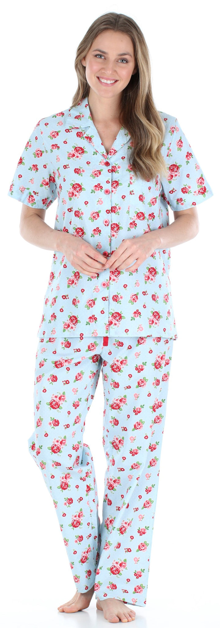 Women's Poplin Cotton Short Sleeve Button Up Top and Pants Pajama Set