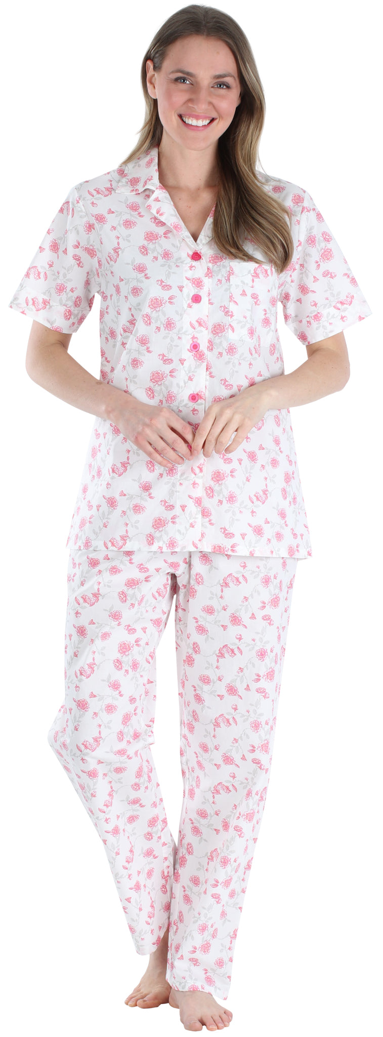 Women&#039;s Poplin Cotton Short Sleeve Button Up Top and Pants Pajama Set
