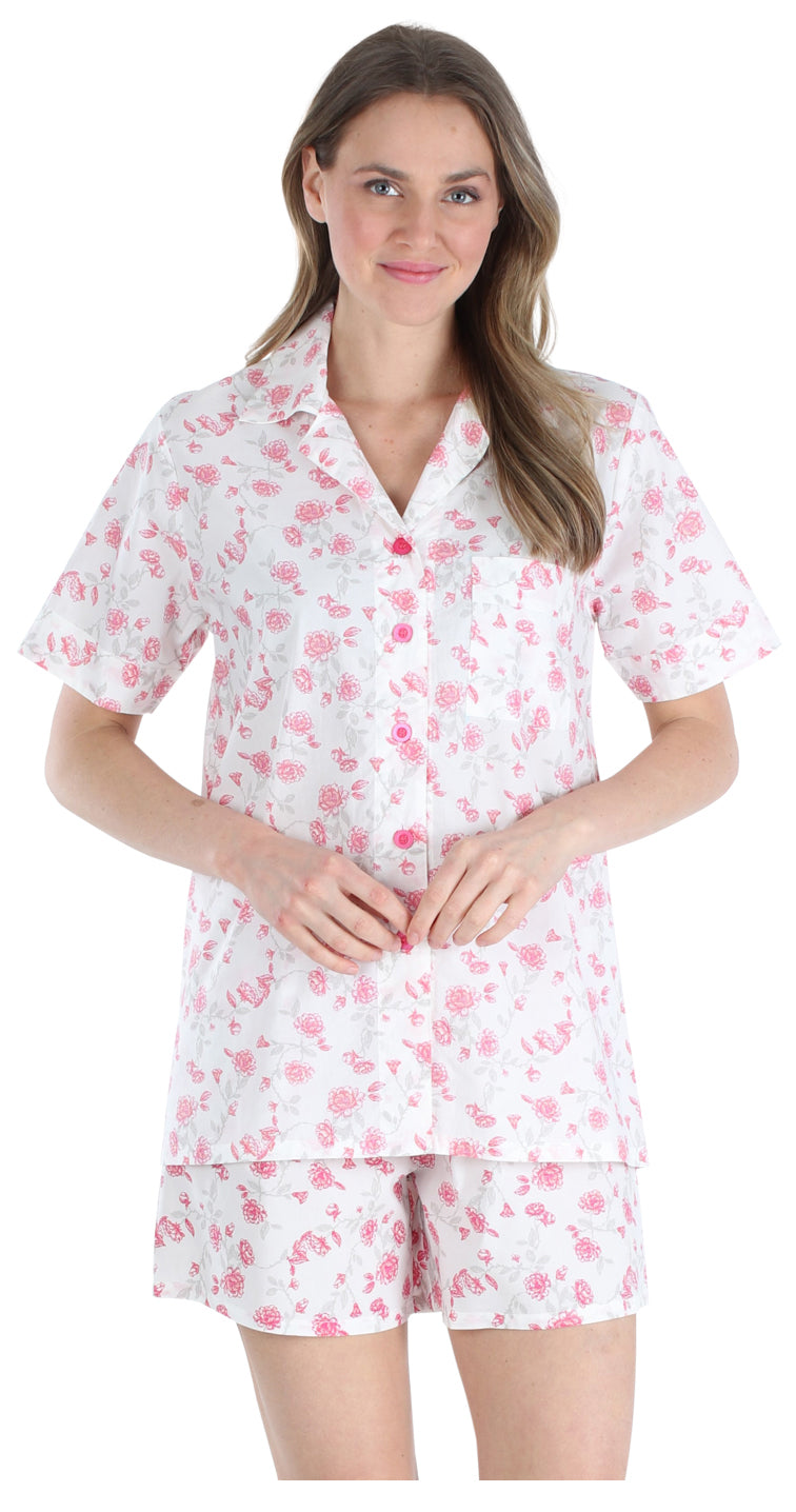 Women&#039;s Sleepwear Cotton Short Sleeve Button-Up Top and Shorts Pajama Set