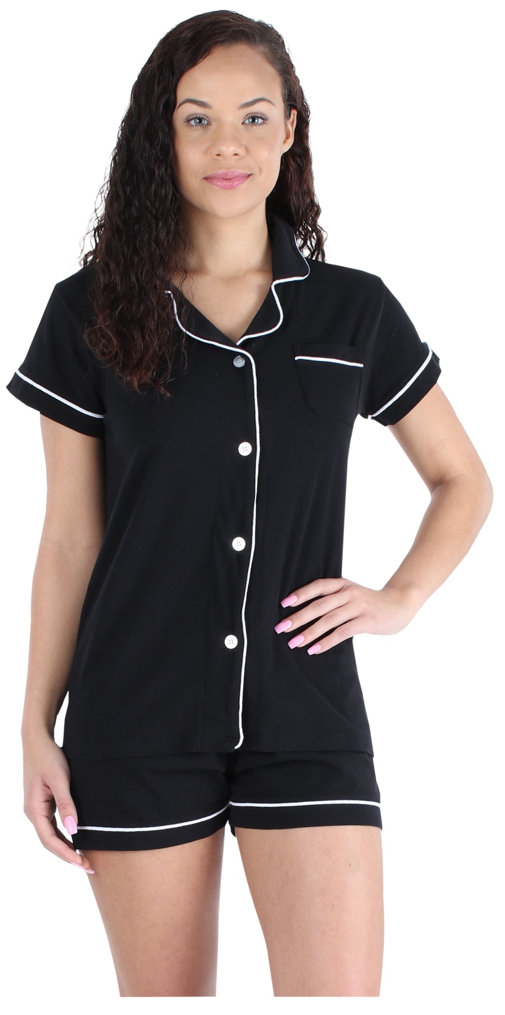 Women&#039;s Stretchy Jersey Button Up Top and Shorts Pajama Set