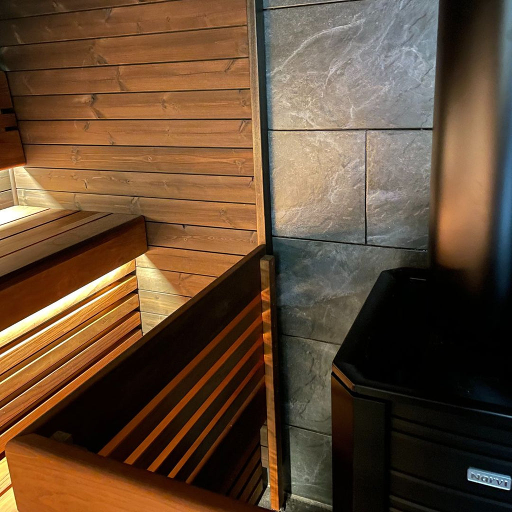 Narvi Black ST wood burning sauna stove and tiled splash back wall - Finnmark Sauna