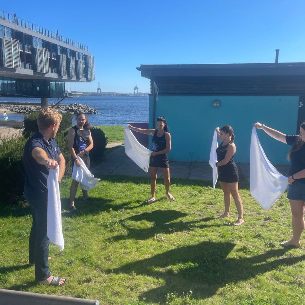 Practicing Aufguss towel work at Farris Bad - Finnmark Sauna