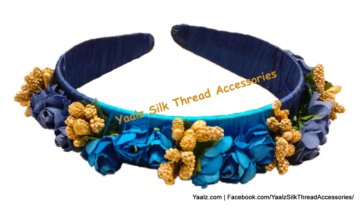 Yaalz Silk Thread Hair Bands Yaalz Silk Thread Floral Hair Band In Ocean Blue Copper Blue Colors Yaalz