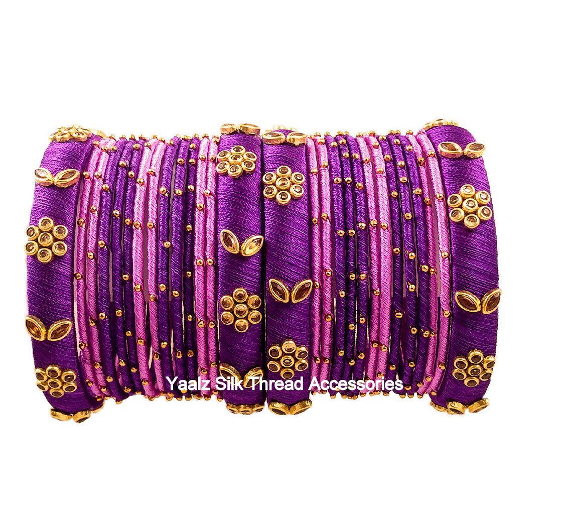 Yaalz Silk Thread Antique Kundan Stone Partywear Bangle Set In Purple