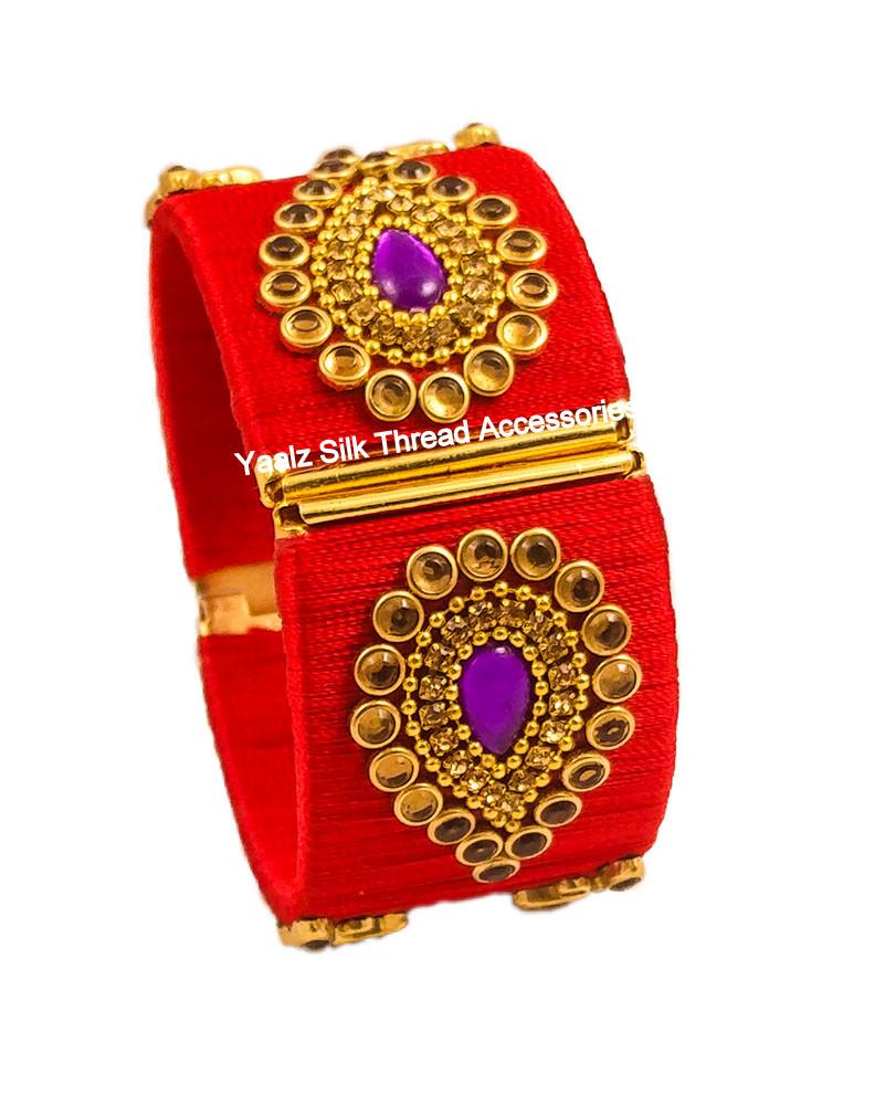 Yaalz Silk Thread Bracelet Bangle With Kundan Work In Red & Purple Col