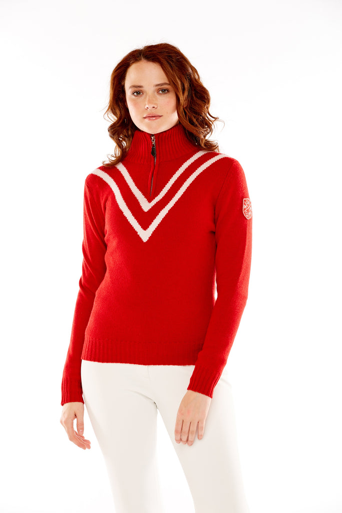 M. Miller Vee Cashmere Half Zip White Vstripe Red Cashmere CS37 - Saratoga Saddlery & International Boutiques