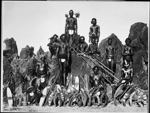 picture of a group of aboriginal men wearing a penis cover