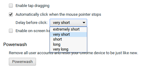 Dwell click settings in the Chromebook OS' settings.