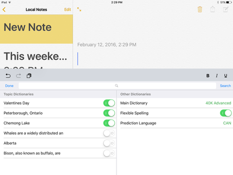 Co:Writer as keyboard working in Notes with topic dictionaries. In Co:Writer universal, the topic dictionaries follow you across different locations (home, school, etc.) and devices (PC, app, Chromebook).