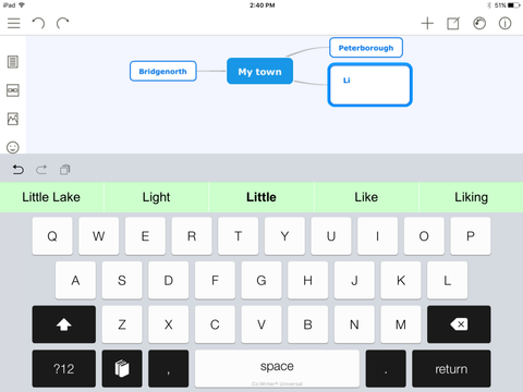 Co:Writer as keyboard working in Mindomo, graphic organizer