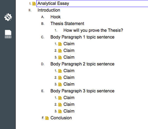 The outline writing view in Kurzweil 3000 for web browsers