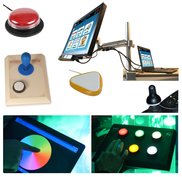 images of alternative access switch joystick, tablet, button 6, eye gaze, eye learn, candy corn switch