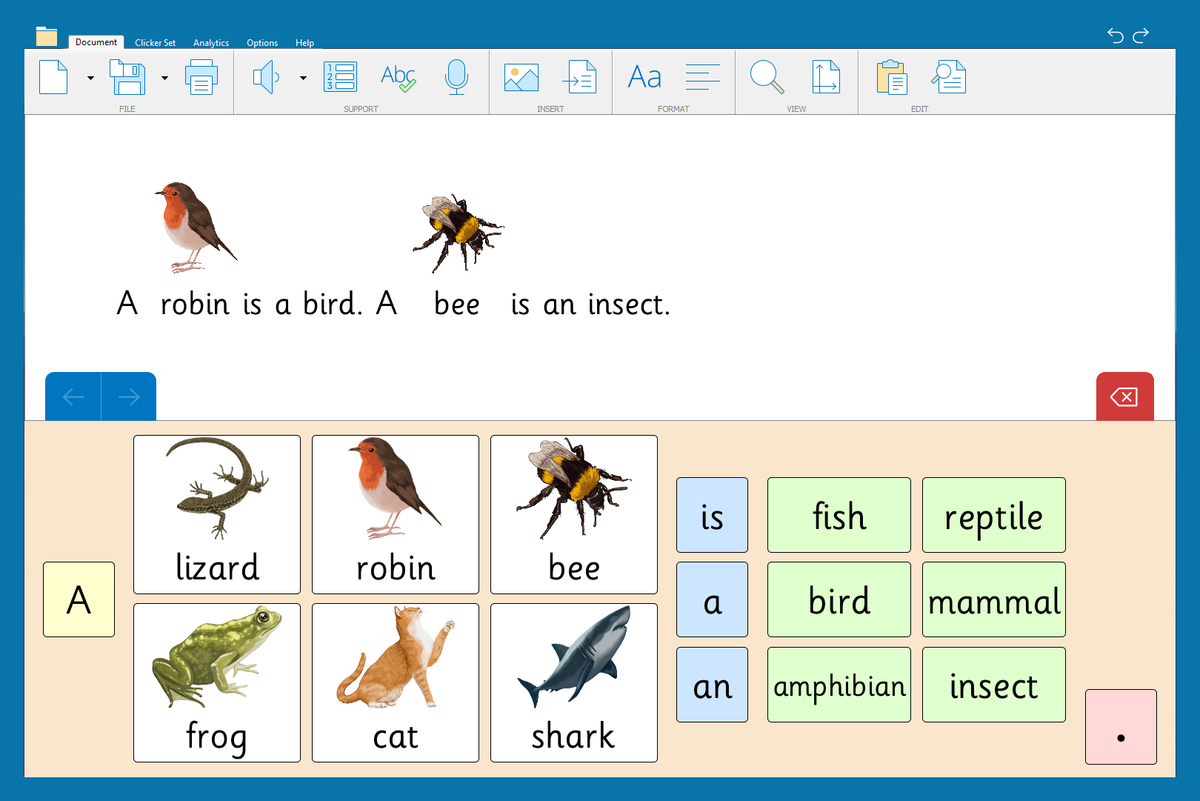 A connect set with pictures to help create simple sentences about animals