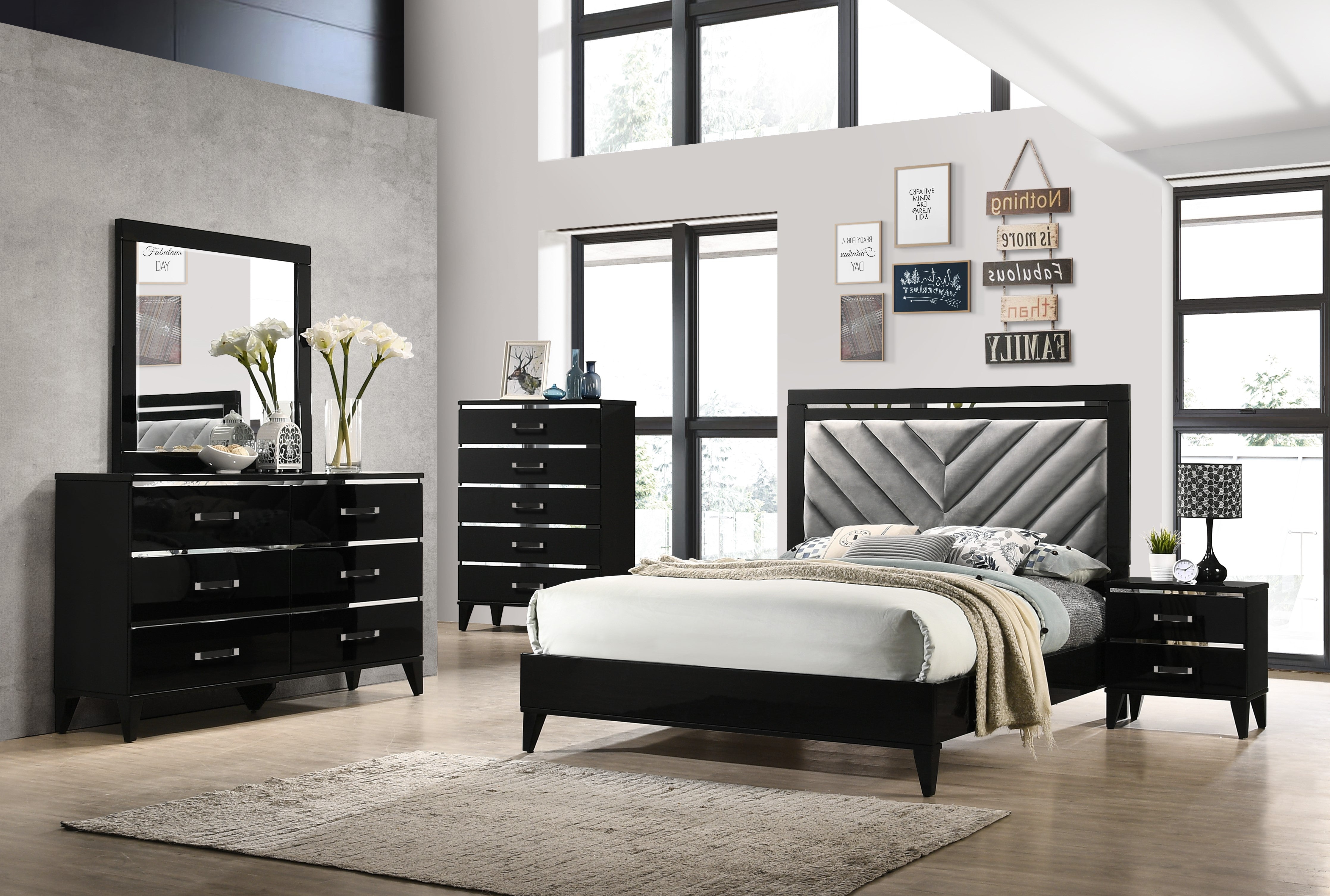 Hillsdale Modern Upholstered Platform Bed King Black Wood Headboard Footboard Rails Slats Pilaster Designs