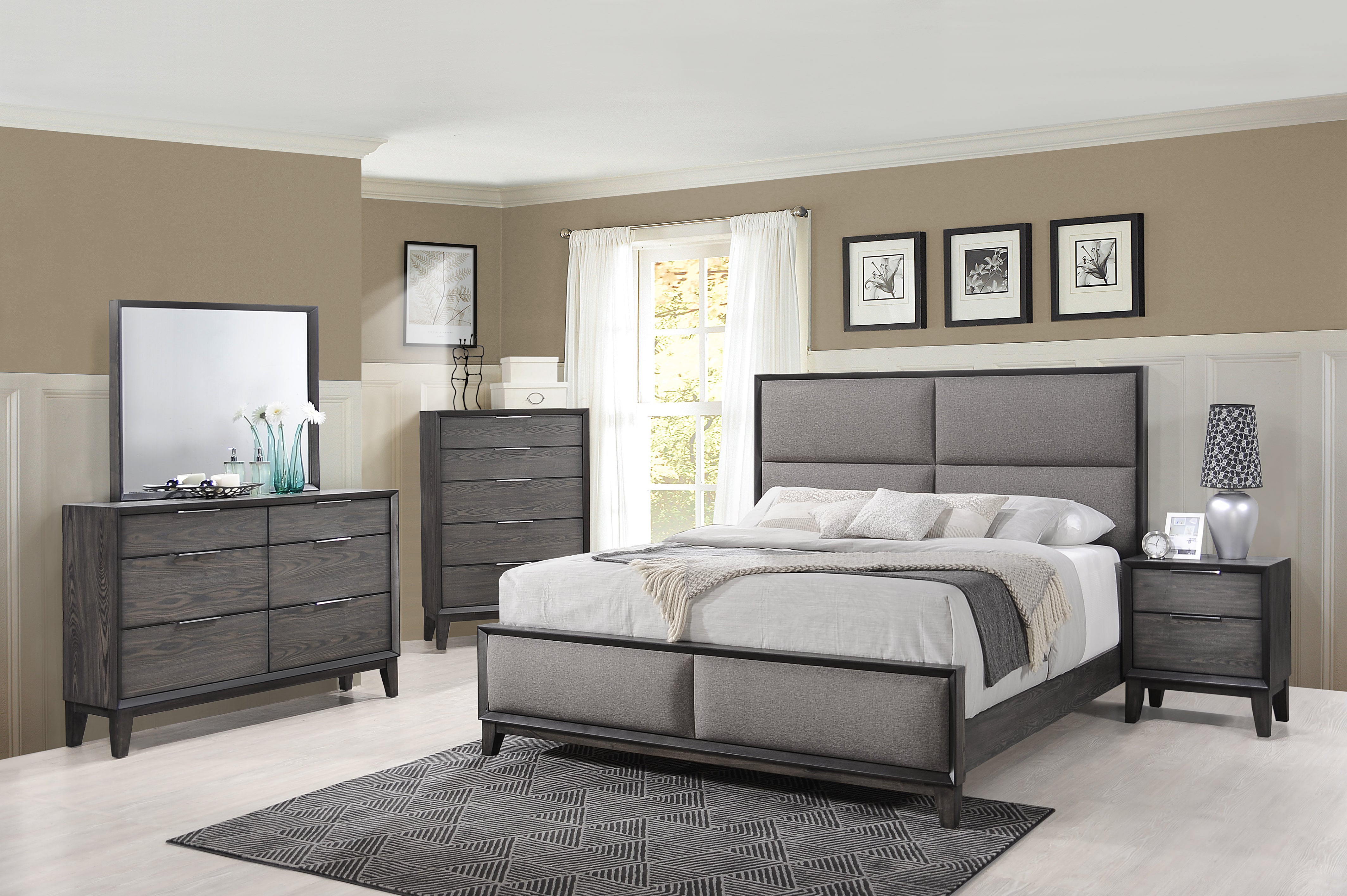 Consuelo Modern Upholstered Bedroom Set, Gray Wood