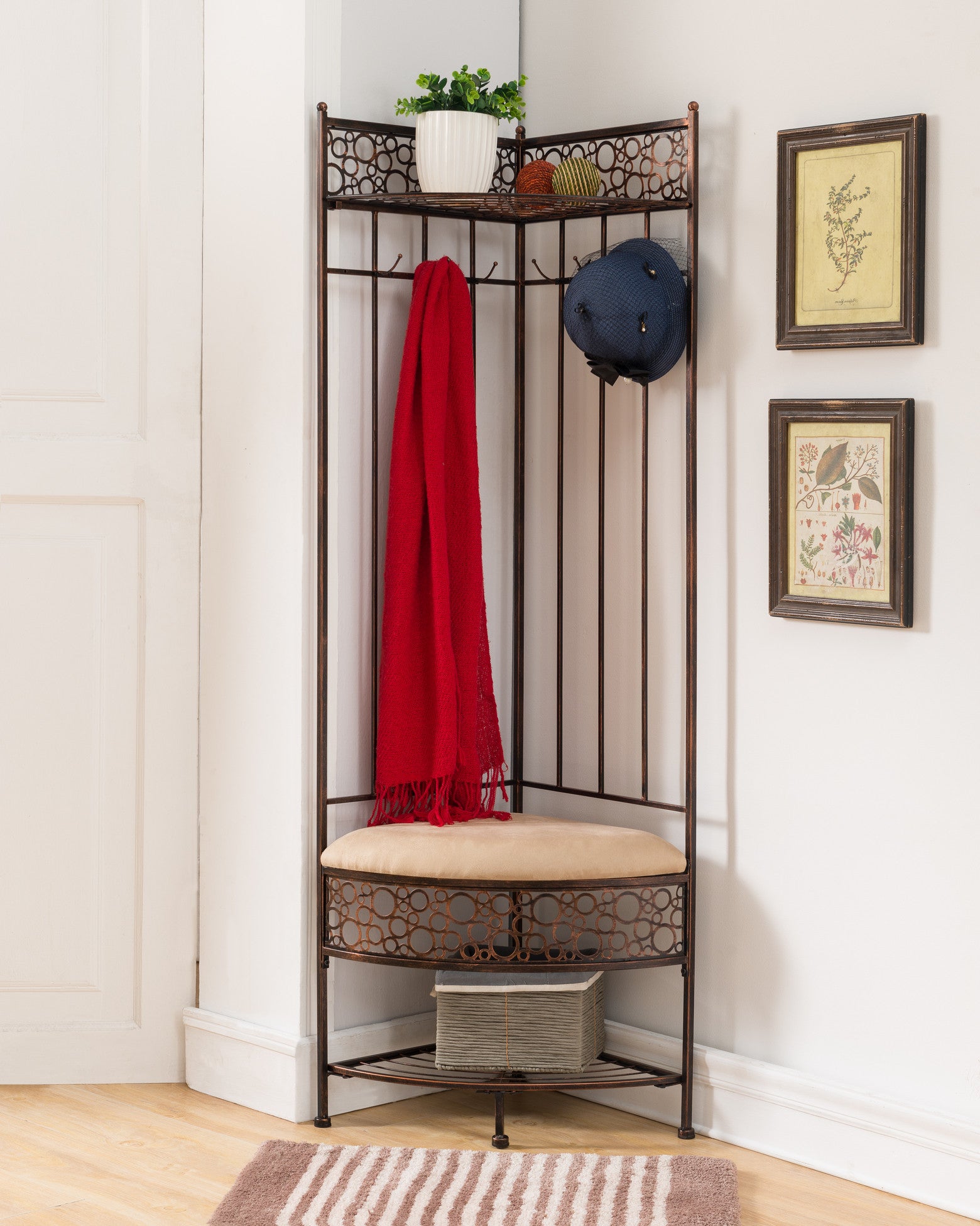 Crespin Copper Metal Corner Entryway Hallway Storage Bench Hall