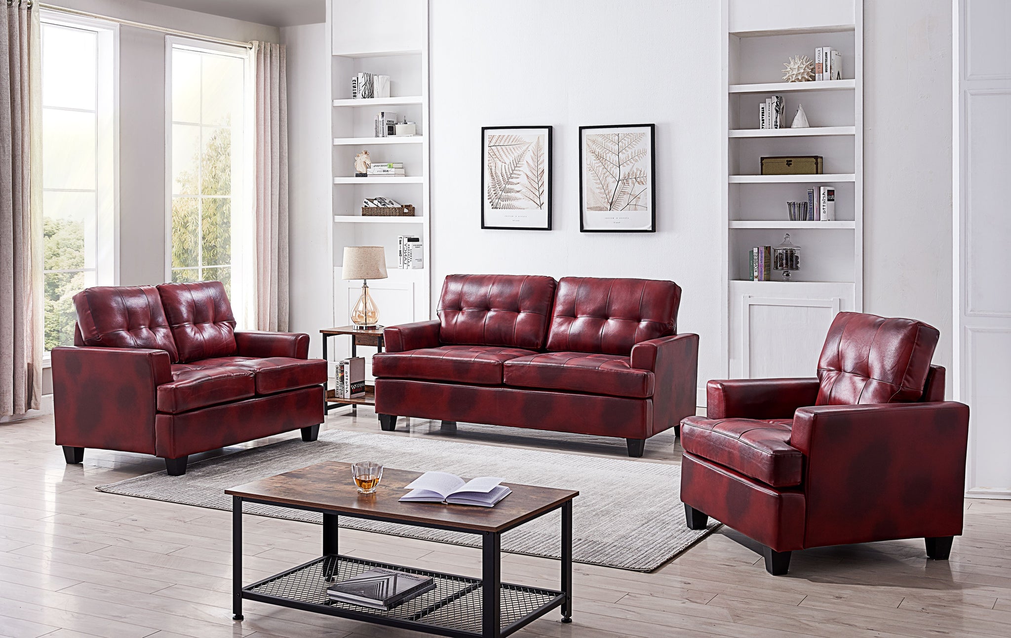 Molina 3 Piece Transitional Living Room Set Red Upholstered Faux Leather Chair Loveseat Sofa Pilaster Designs