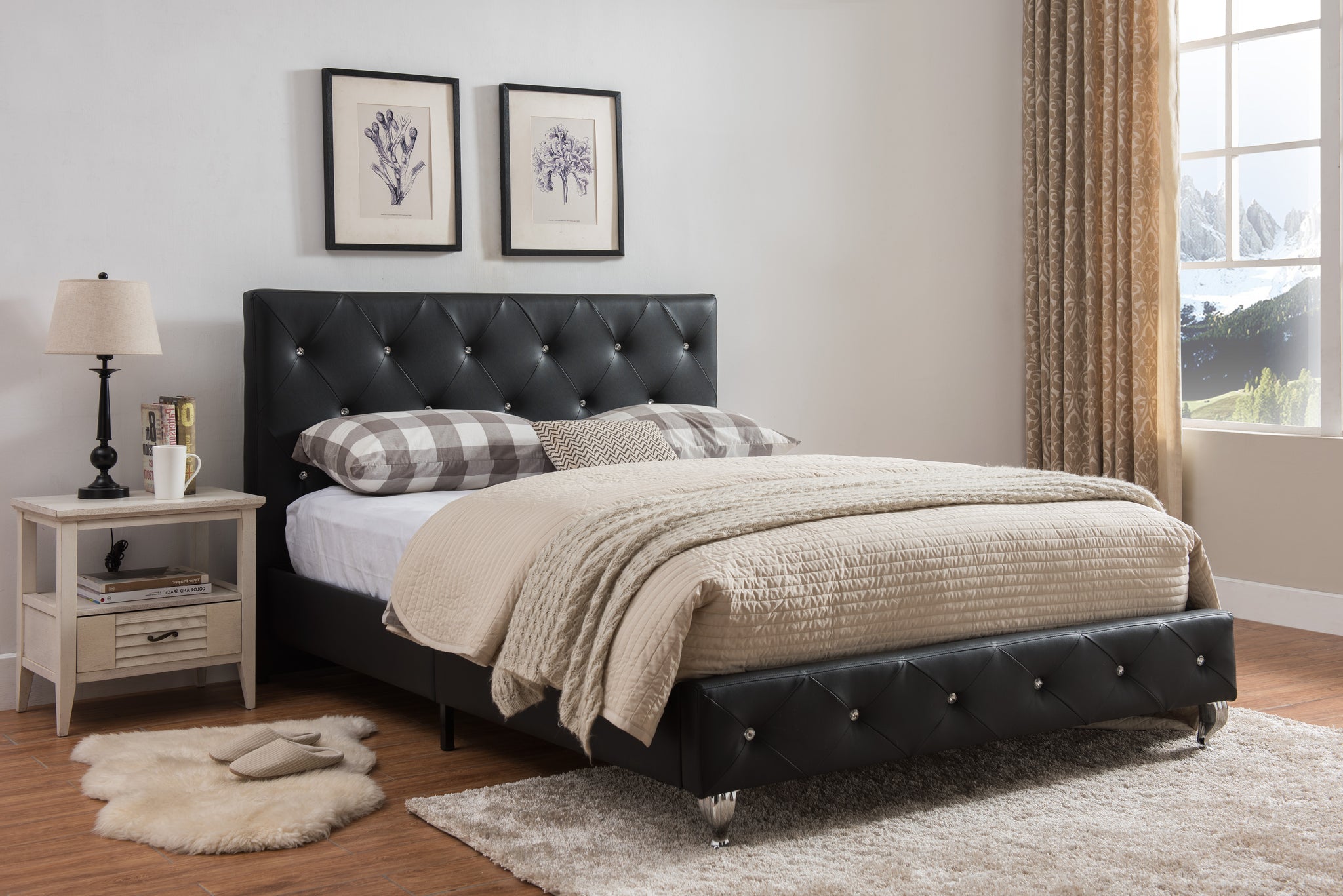 Cora Upholstered Platform Bed Black Faux Leather King With Wooden Slats Crystal Tufted Headboard Footboard Rails Slats Pilaster Designs
