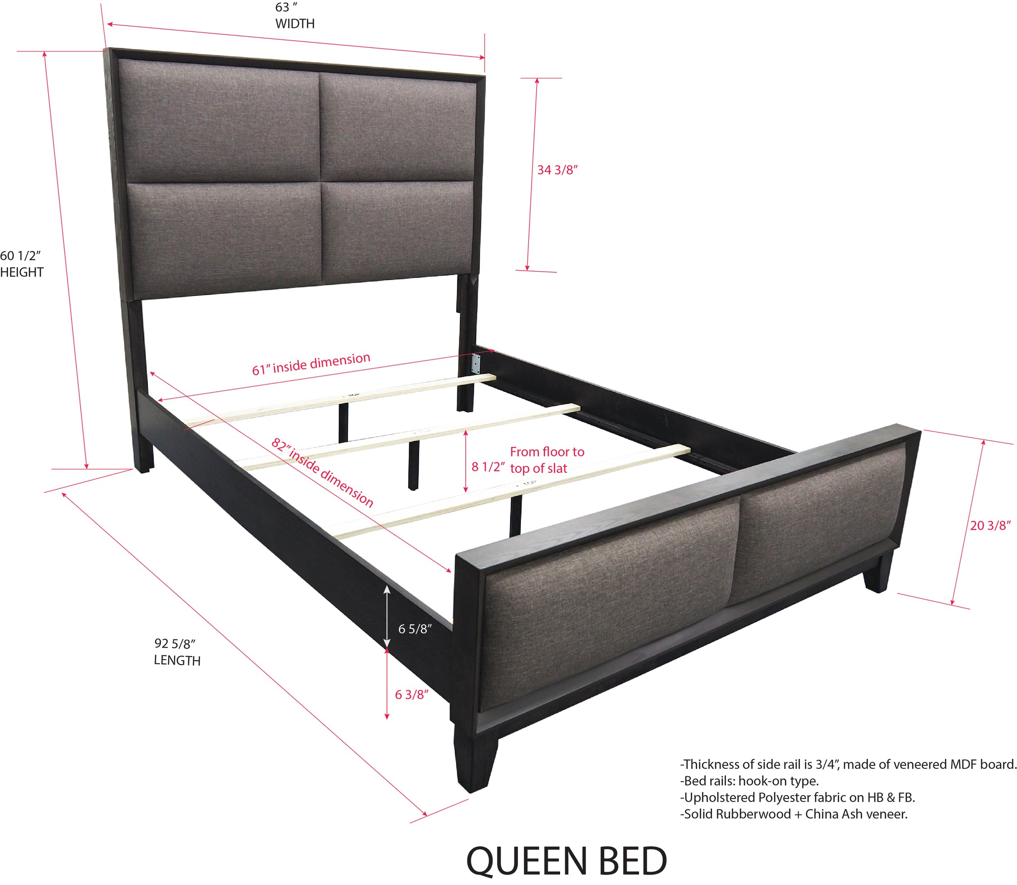 Consuelo Modern Upholstered Panel Bed Queen Gray Wood Headboard Footboard Rails Slats Pilaster Designs