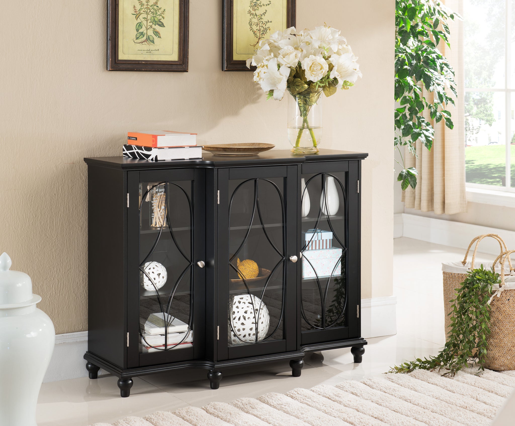 Logan Sideboard Buffet Console Table With Glass Cabinet Doors