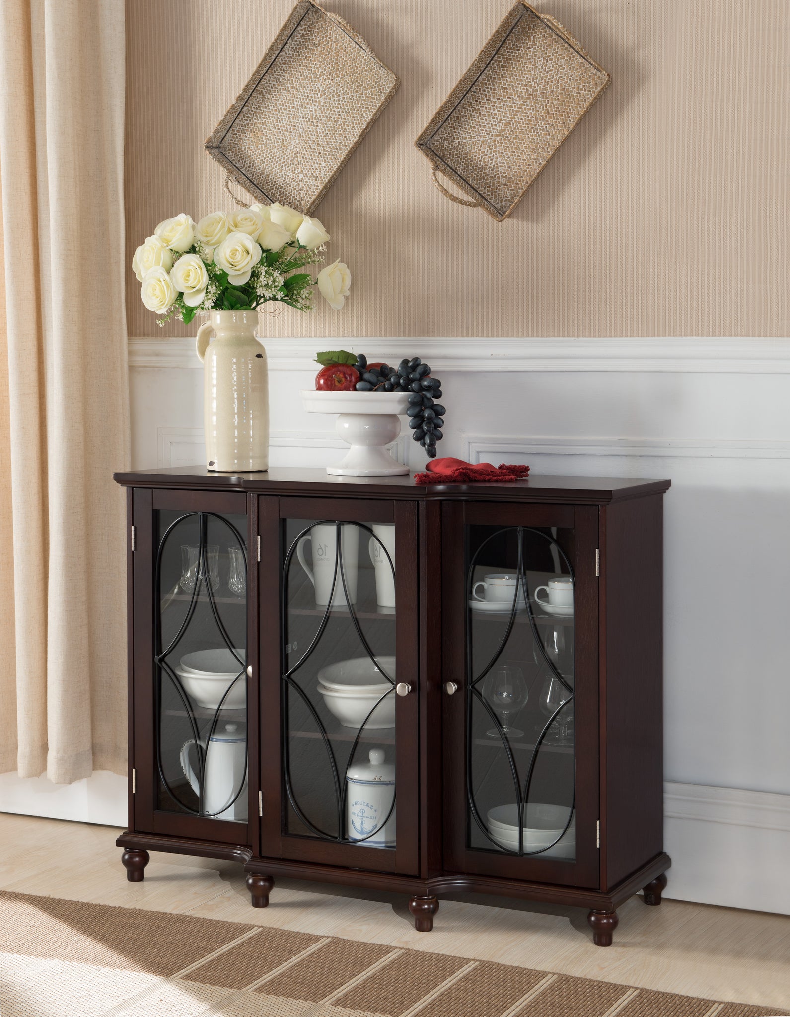 Logan Sideboard Buffet Console Table With Glass Cabinet Doors