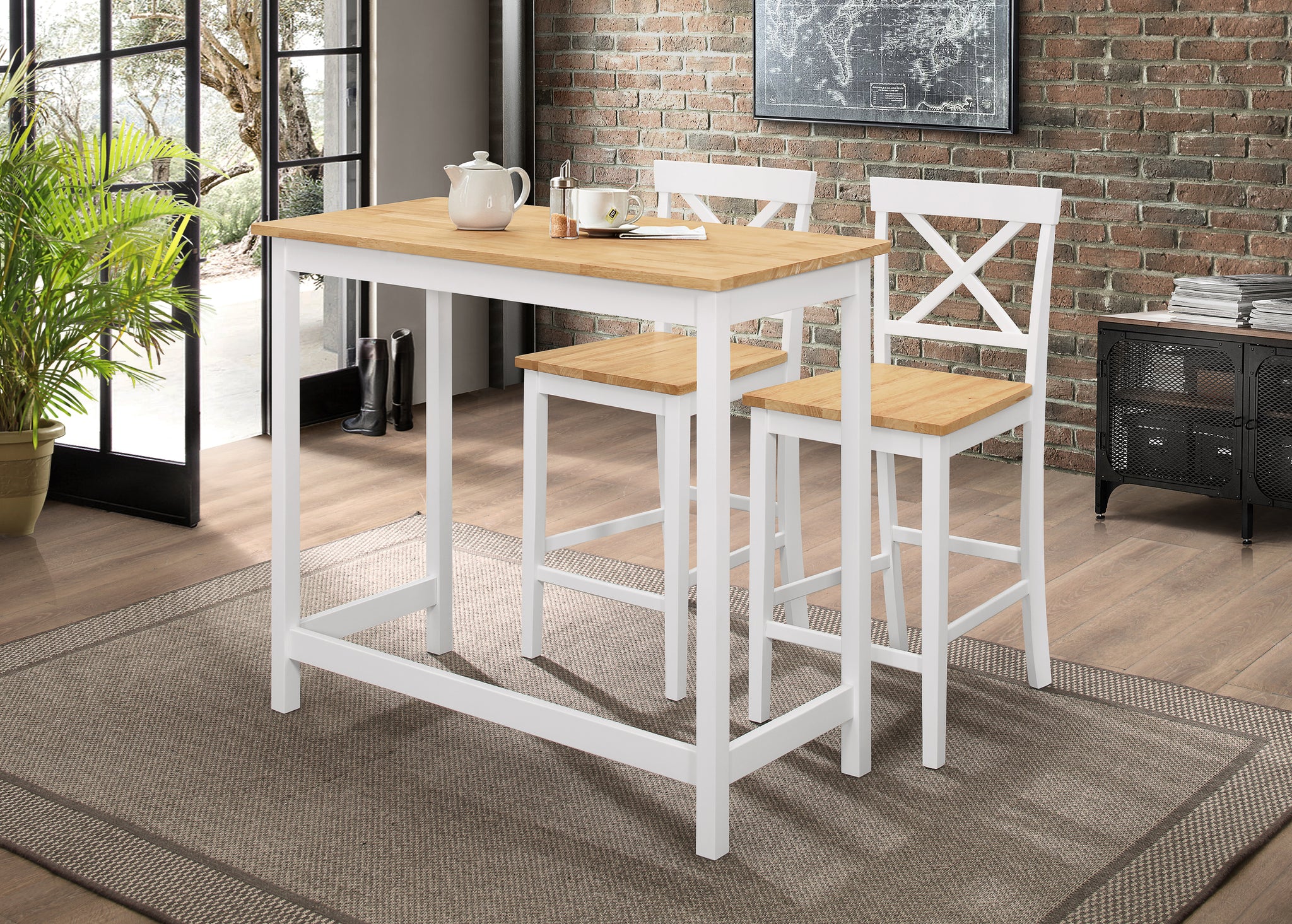 Bologna 3 Piece Contemporary Counter Height Pub Set Natural White Wood Table 2 Stools Pilaster Designs