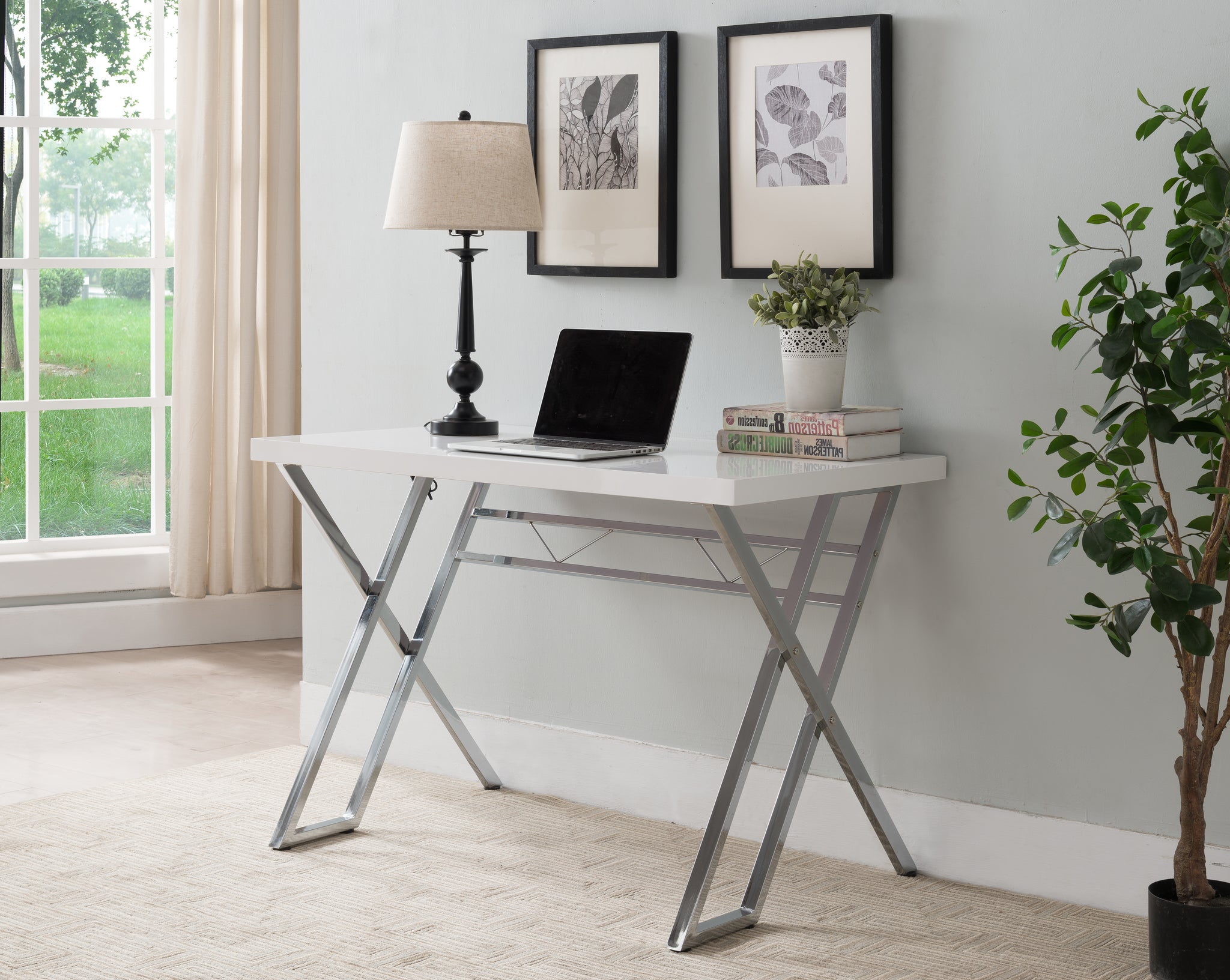 Jade Home & Office Workstation Computer Desk, White Wood Top & Chrome Metal  Base, Modern – Pilaster Designs