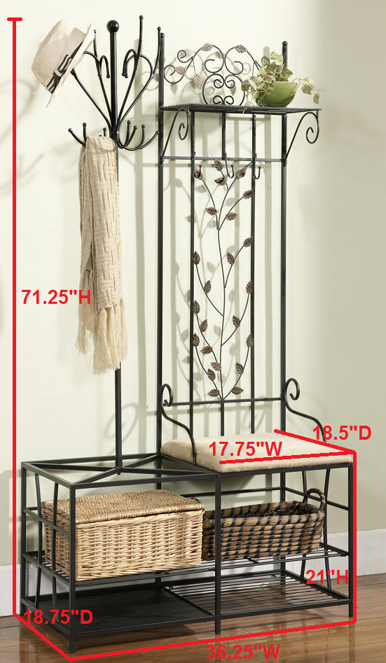 Black Metal Entryway 12 Hook Coat & Hat Rack Hall Tree ...