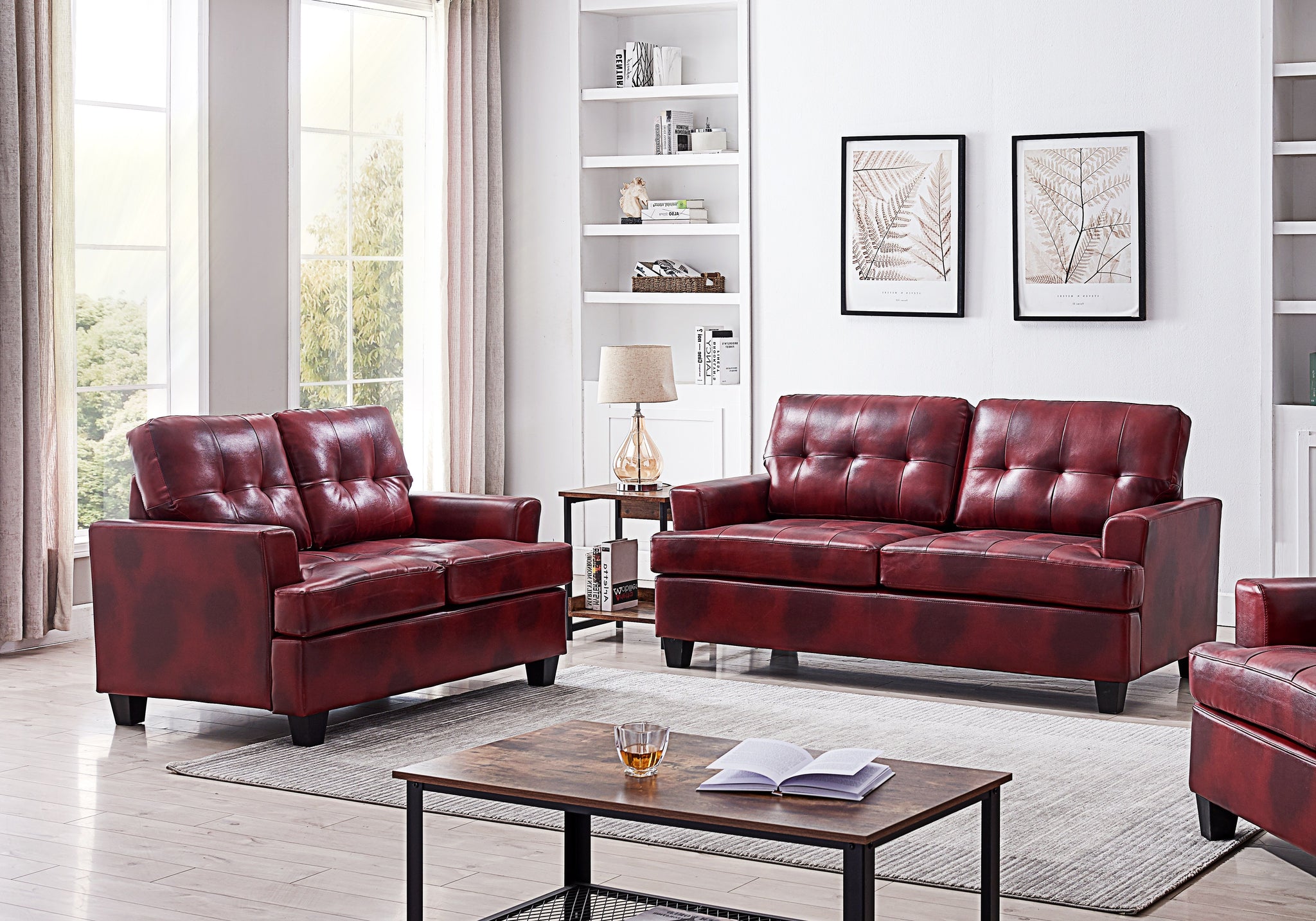 Molina 2 Piece Transitional Living Room Set Red Upholstered Faux Leather Loveseat Sofa Pilaster Designs