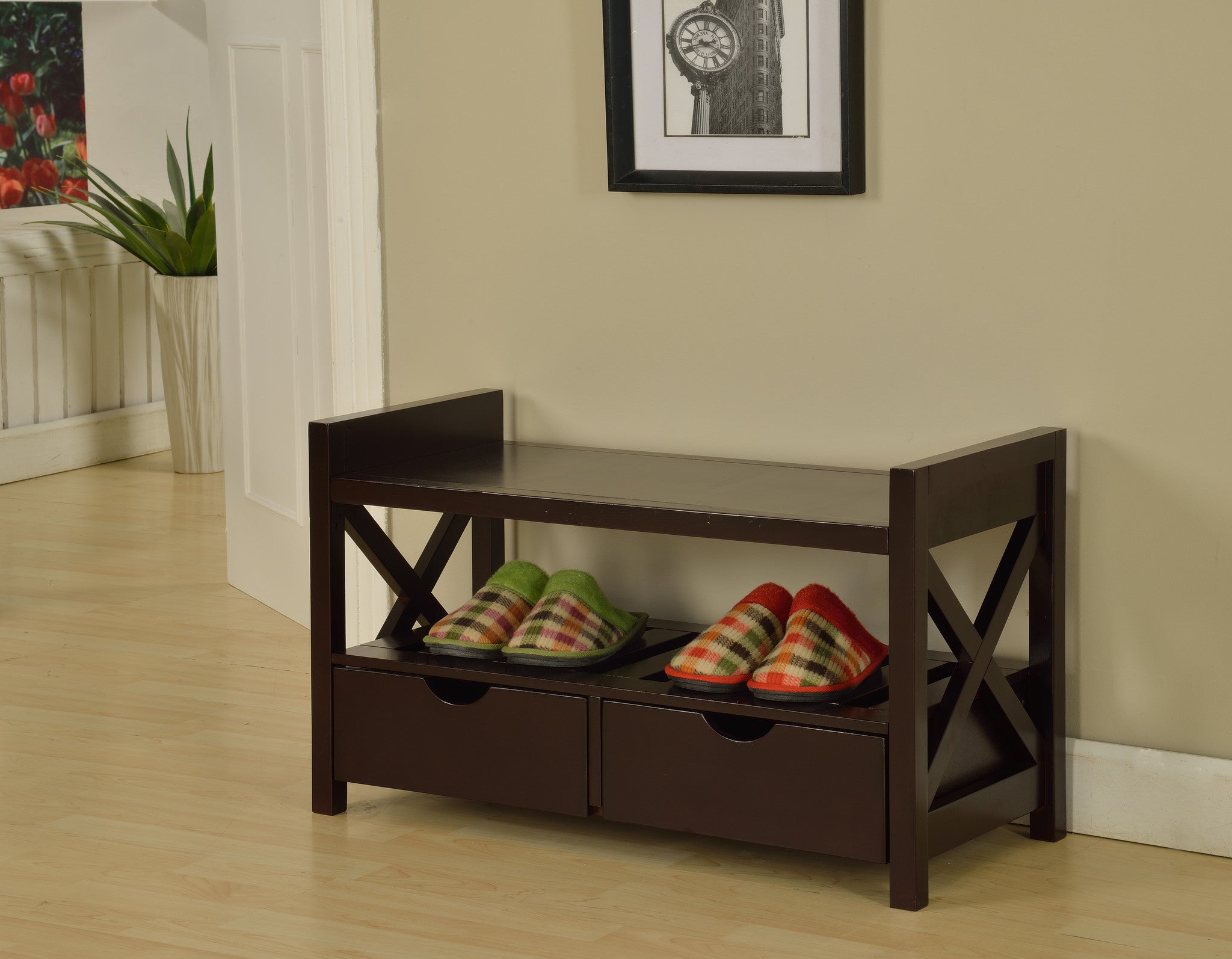 Tavia Shoe Storage Bench With Drawers Open Shelf Cherry Wood Contemporary Pilaster Designs