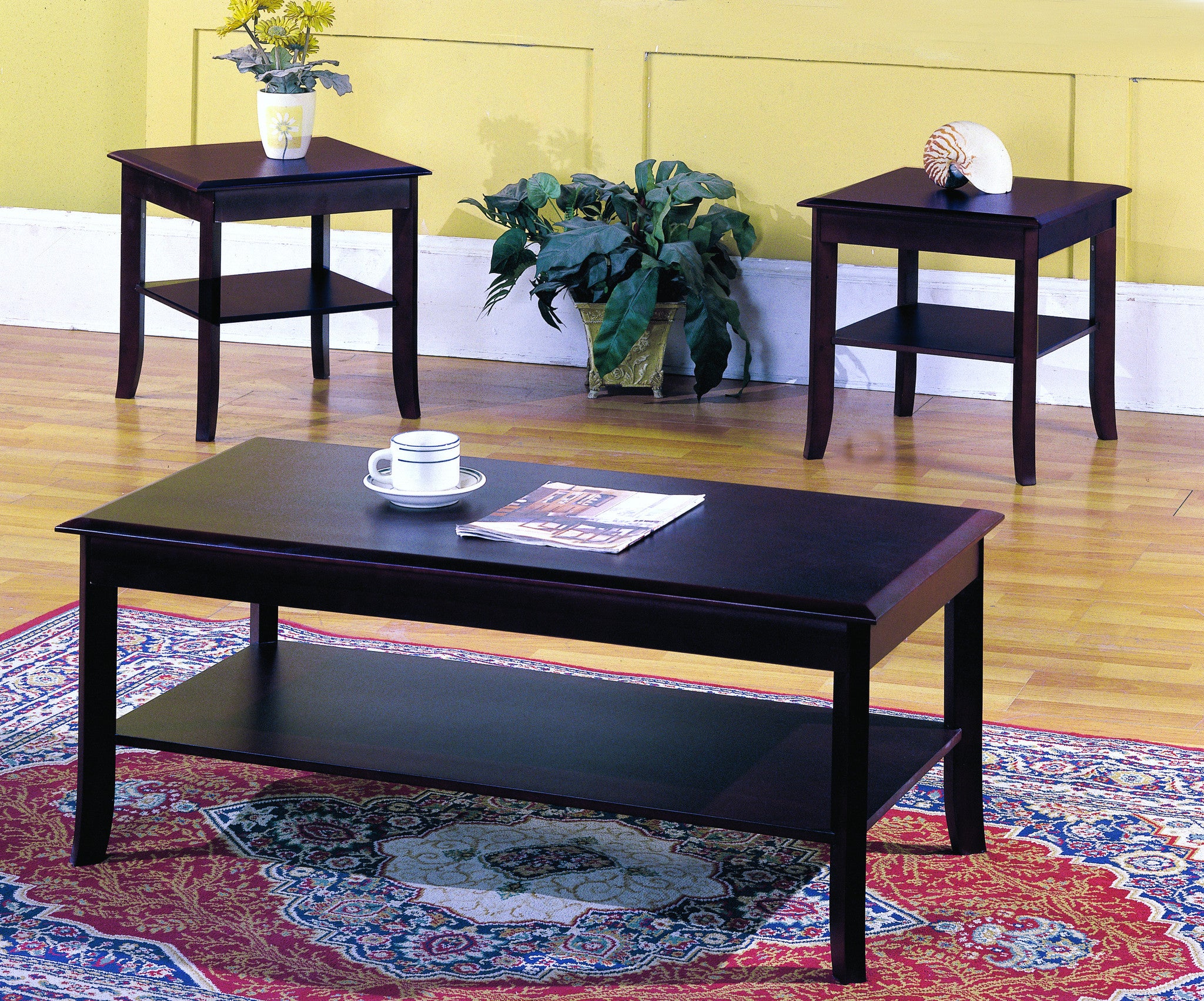 Vania 3 Piece Coffee Table Set Dark Cherry Wood With Storage Shelves Contemporary Cocktail Coffee 2 End Tables Pilaster Designs