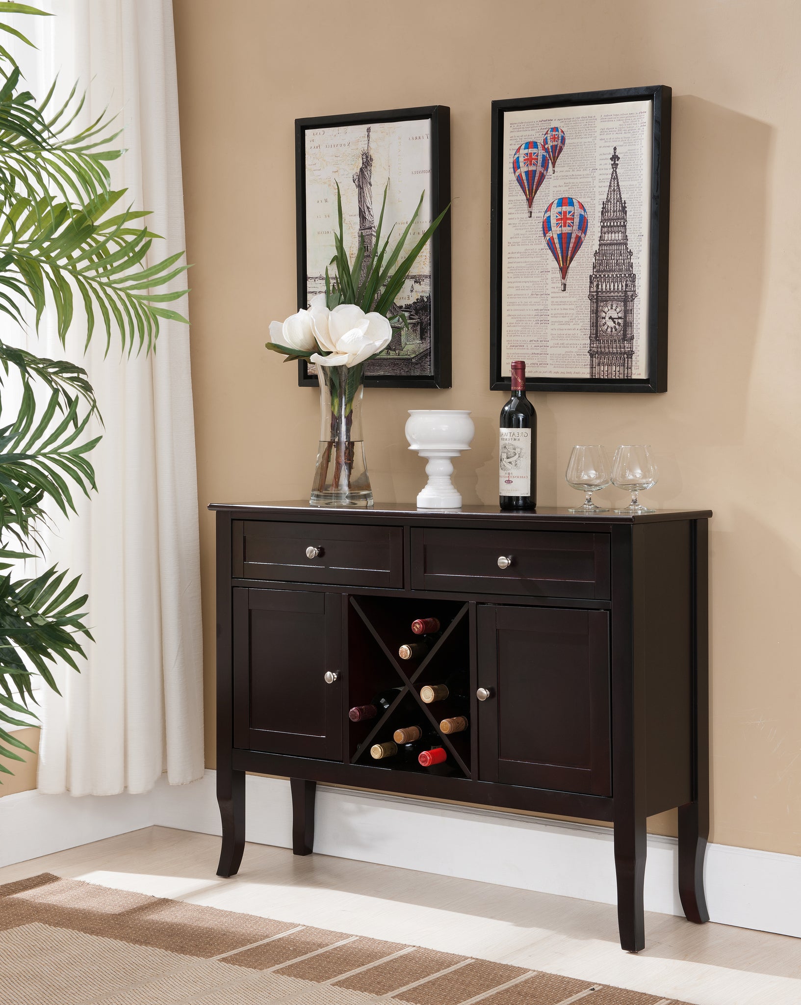 Eric Dark Cherry Wood Contemporary Wine Rack Buffet Display